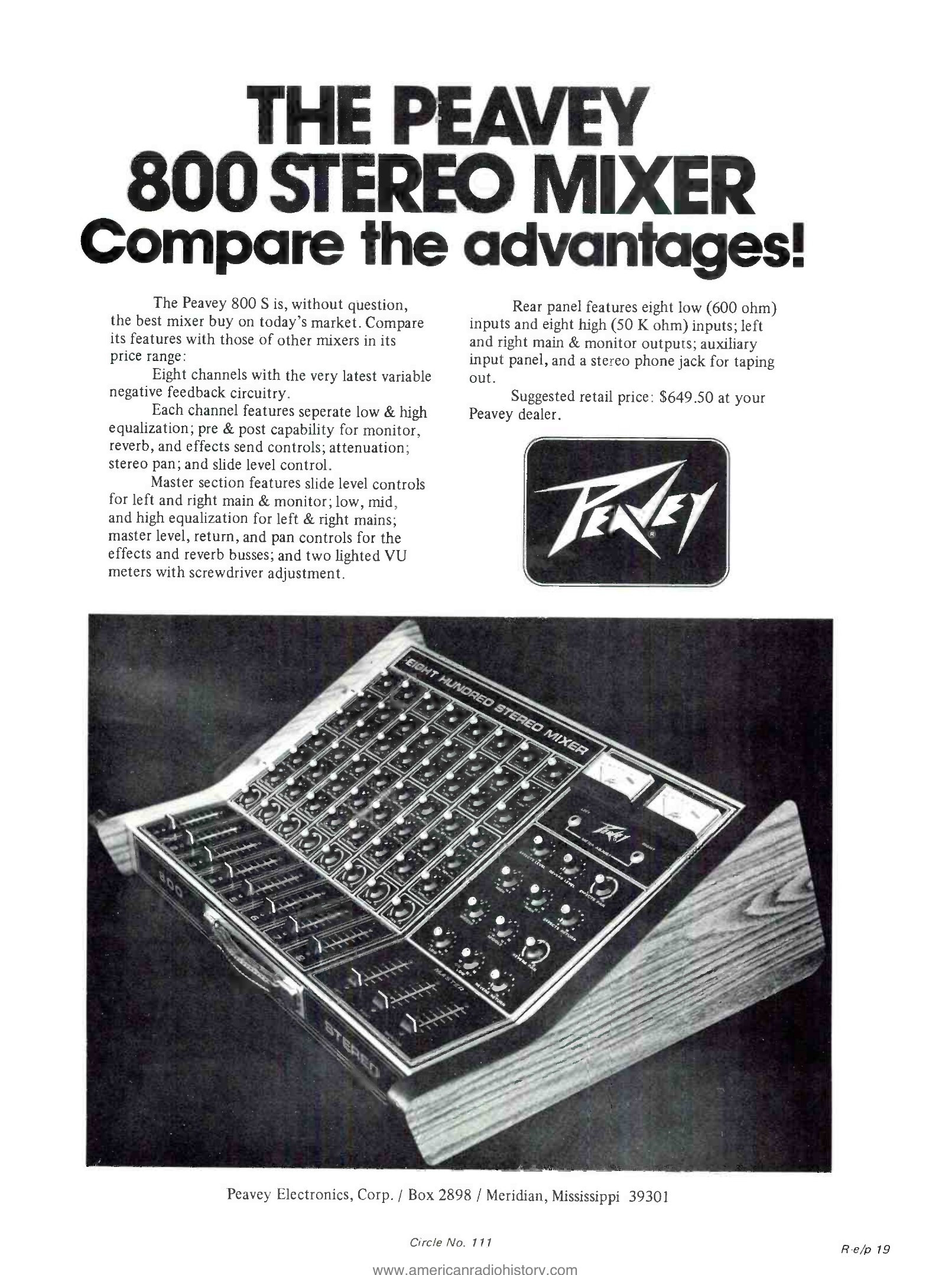 Peavey 800 Stereo Mixer — "Compare the advantages!" — 8 channels, 8 outputs, $649.50 — Peavey Electronics Corp., Meridian, Mississippi — Recording 1976-02