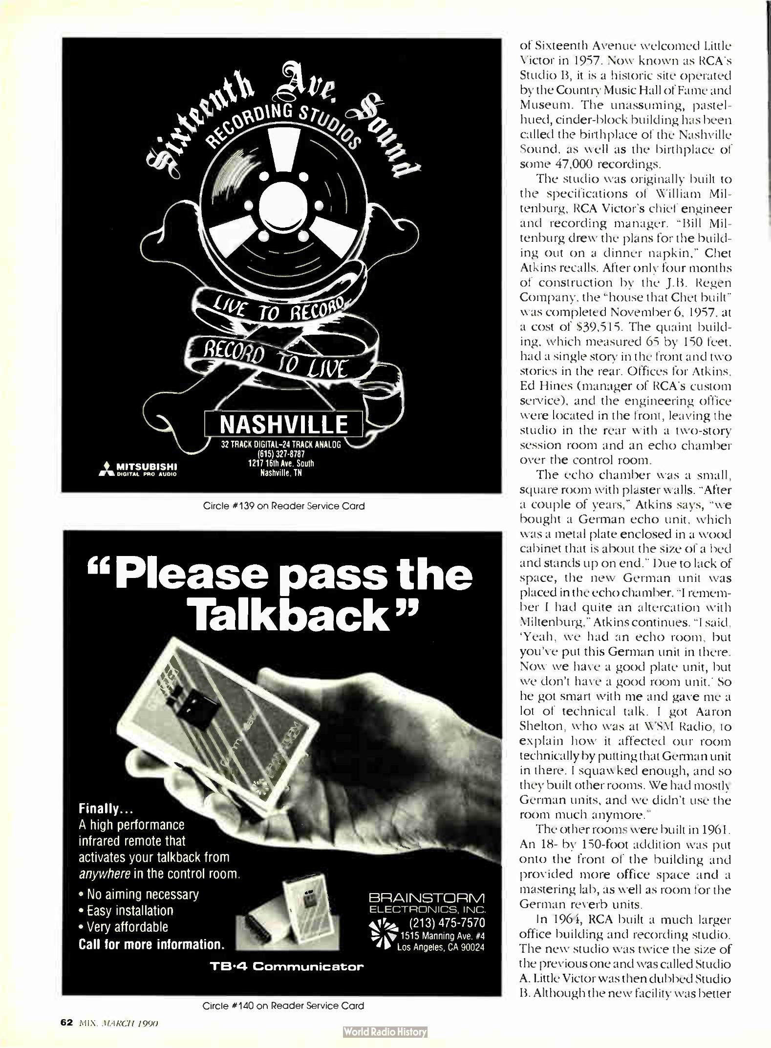 Mix Magazine March 1990 — Engineer Bill Porter on the room's acoustic problems and his solution ("Porter's Pyramids"), and the custom 25-input console installed in 1971 with Ampex MasterMaker 1000 and original Altec 604 monitors — Mix Magazine, March 1990 · Text: Missy Baker