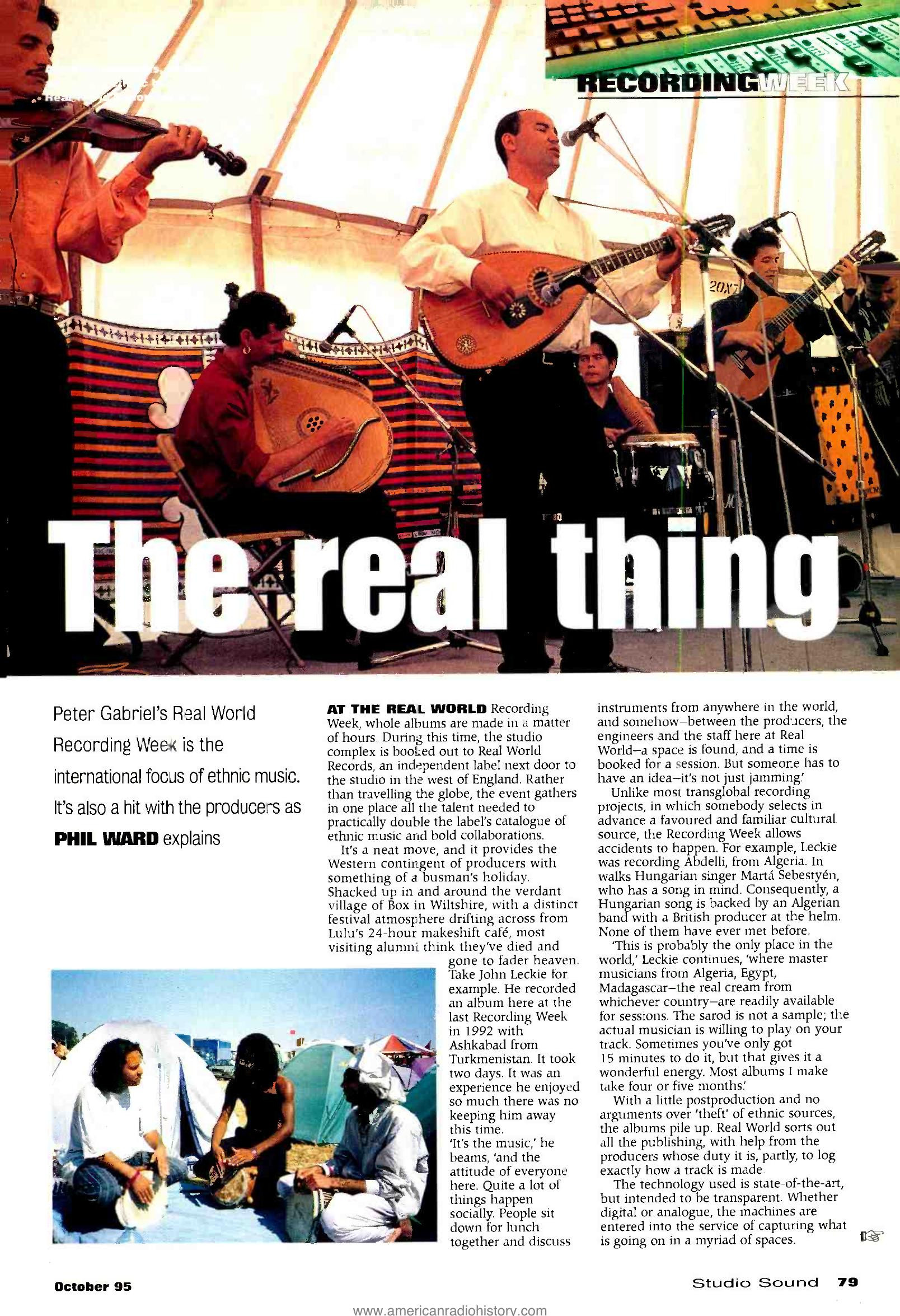 Studio Sound October 1995 — "The Real Thing" by Phil Ward — Peter Gabriel's Real World Recording Week: whole albums made in days, ethnic musicians gathered from around the world, producers from any genre welcome — Studio Sound, October 1995 · Text: Phil Ward