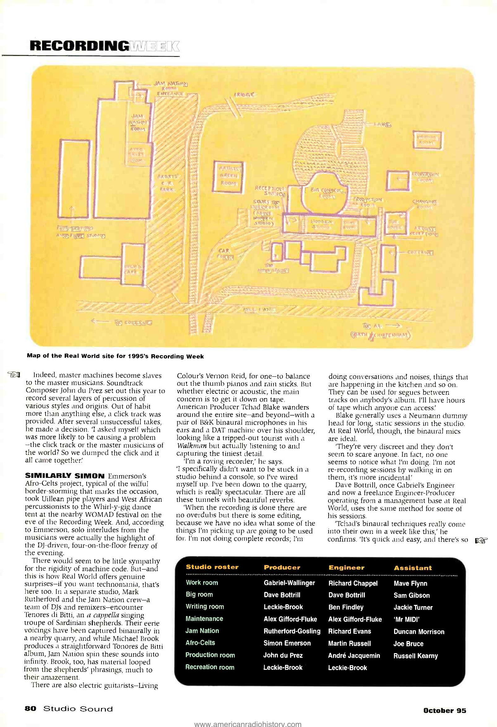 Studio Sound October 1995 — Real World studio floor plan and Recording Week logistics: studio complex next door to Real World Records in Box, Wiltshire (continuation page) — Studio Sound, October 1995 · Text: Phil Ward