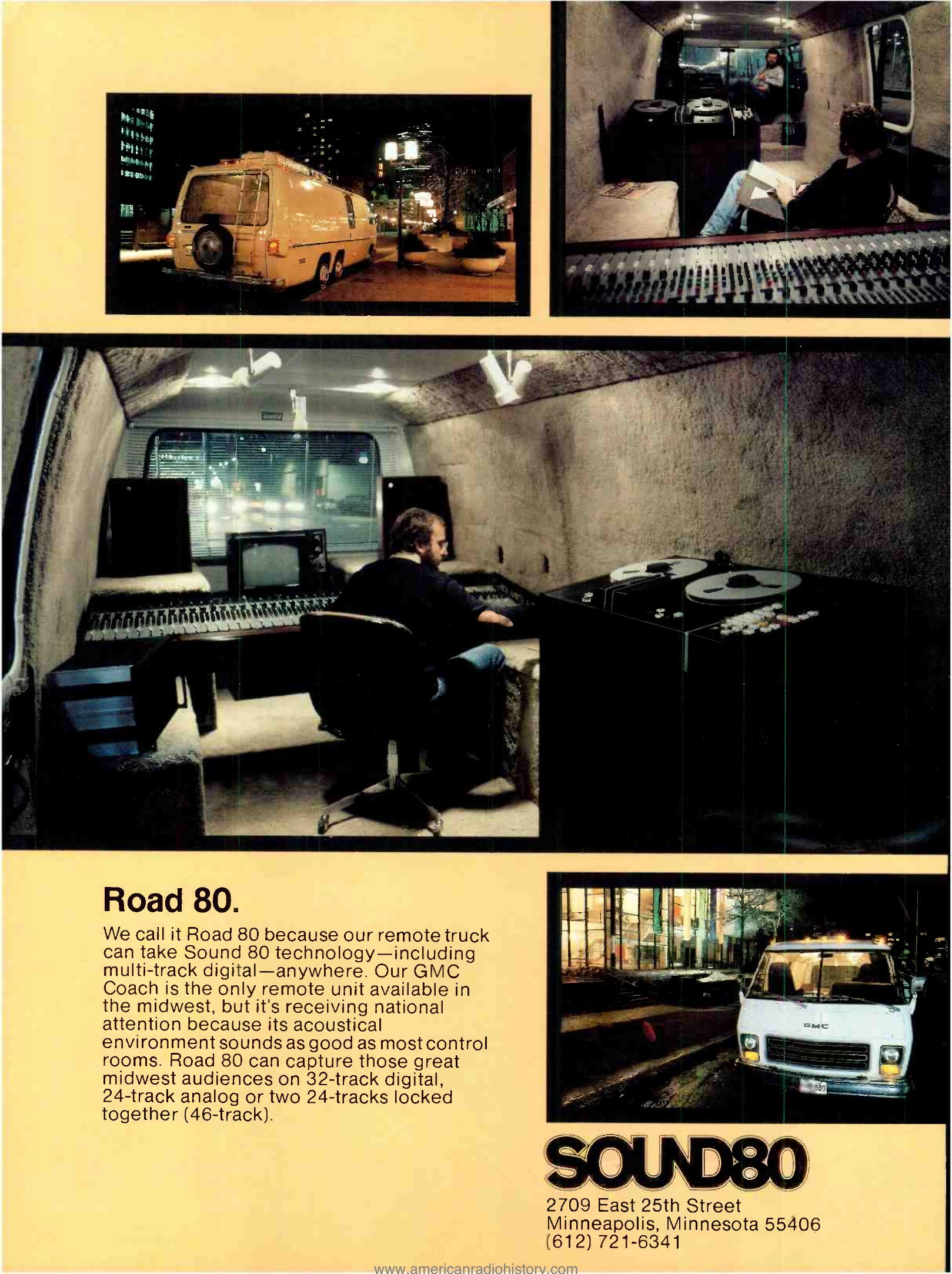 Recording, April 1979 — "Road 80", Sound 80's GMC-coach mobile truck with 24/32-track digital capability (portfolio page 4) — Recording, April 1979