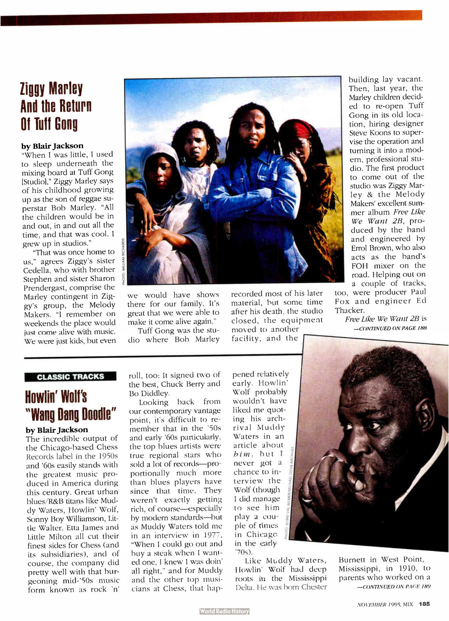 Mix November 1995 — "Ziggy Marley and the Return of Tuff Gong" by Blair Jackson — Ziggy reopens and modernises Bob Marley's family studio at 220 Marcus Garvey Drive, Kingston — Mix, November 1995 · Text: Blair Jackson