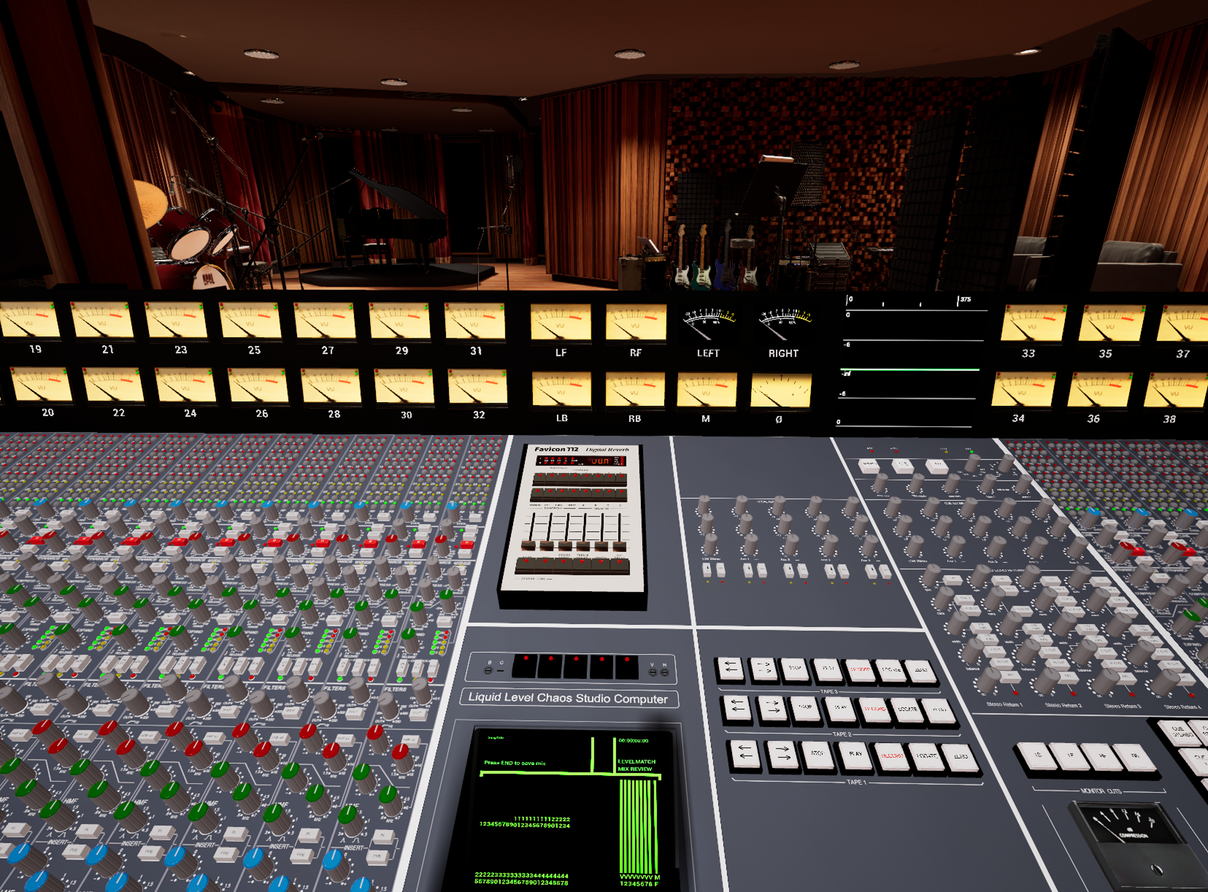 LLC console top-down close-up with VU meters