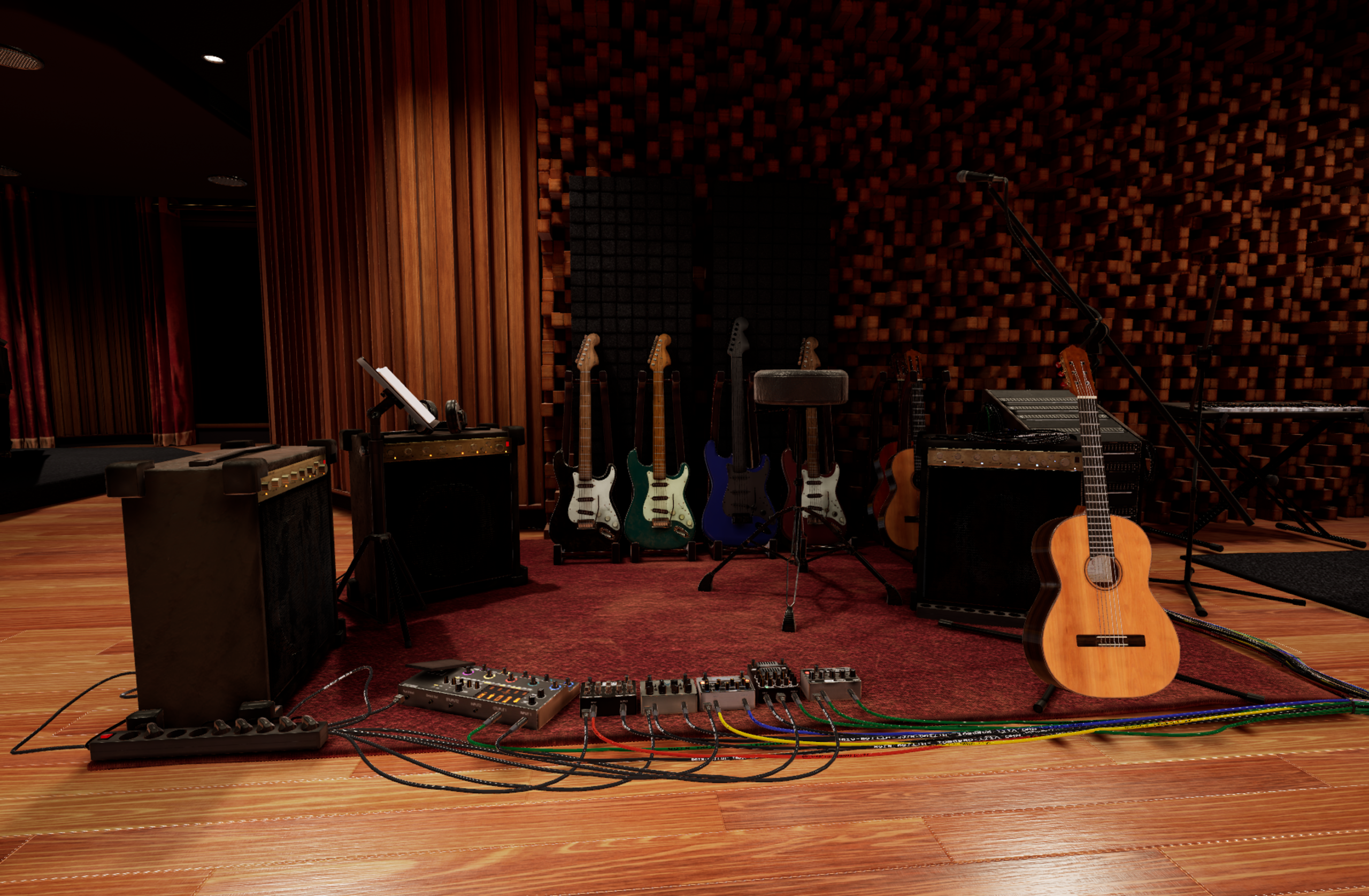 Guitar section in live room with red and amber lighting