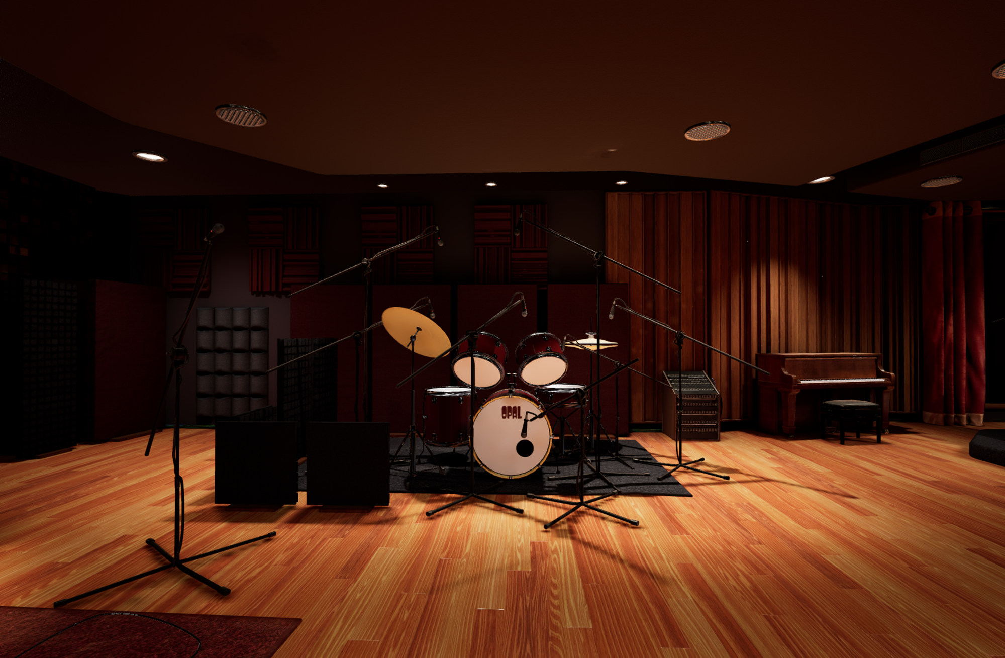 Drum kit in live room with red and amber lighting