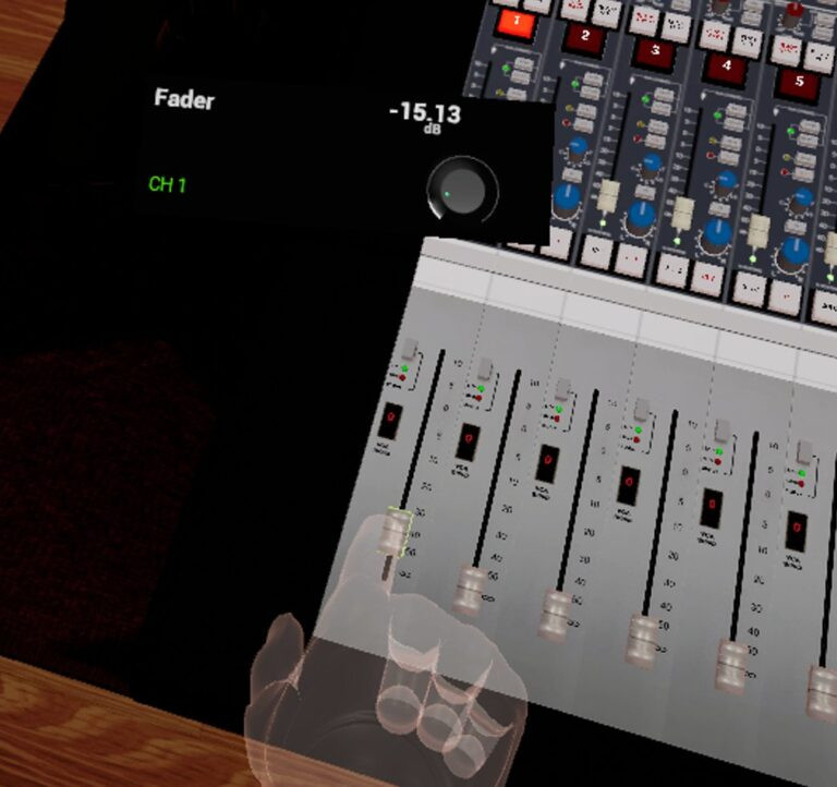 A VR gloved hand gripping a fader on the virtual console, with a readout showing Fader CH 1 at -15.13 dB
