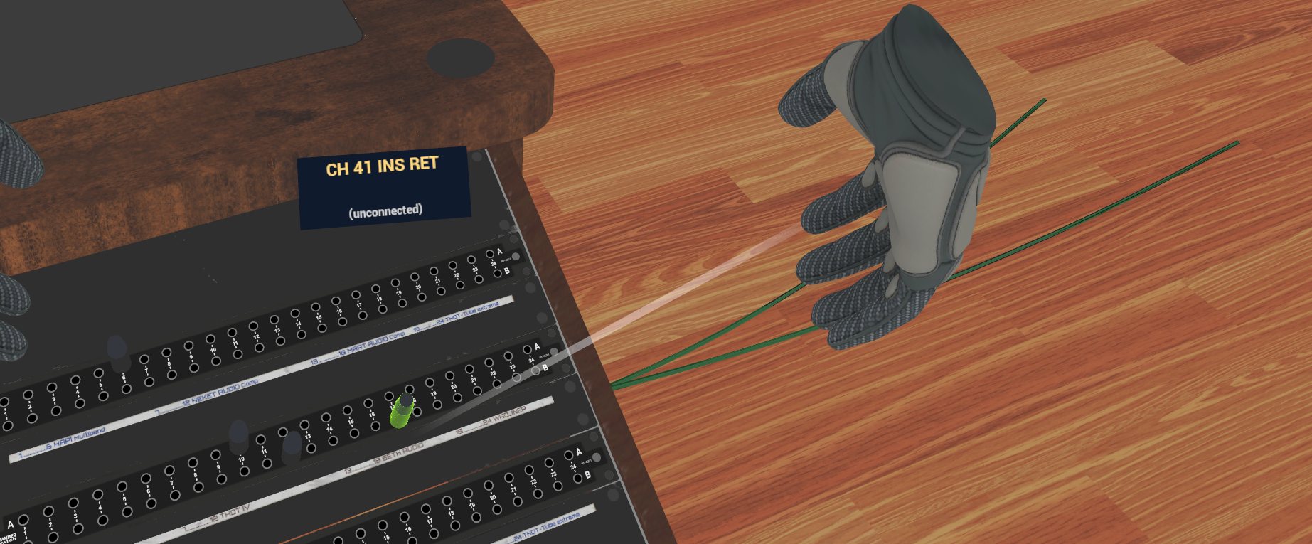 A gloved VR hand holding a green patch cable above a patchbay, info card reading CH 41 INS RET unconnected