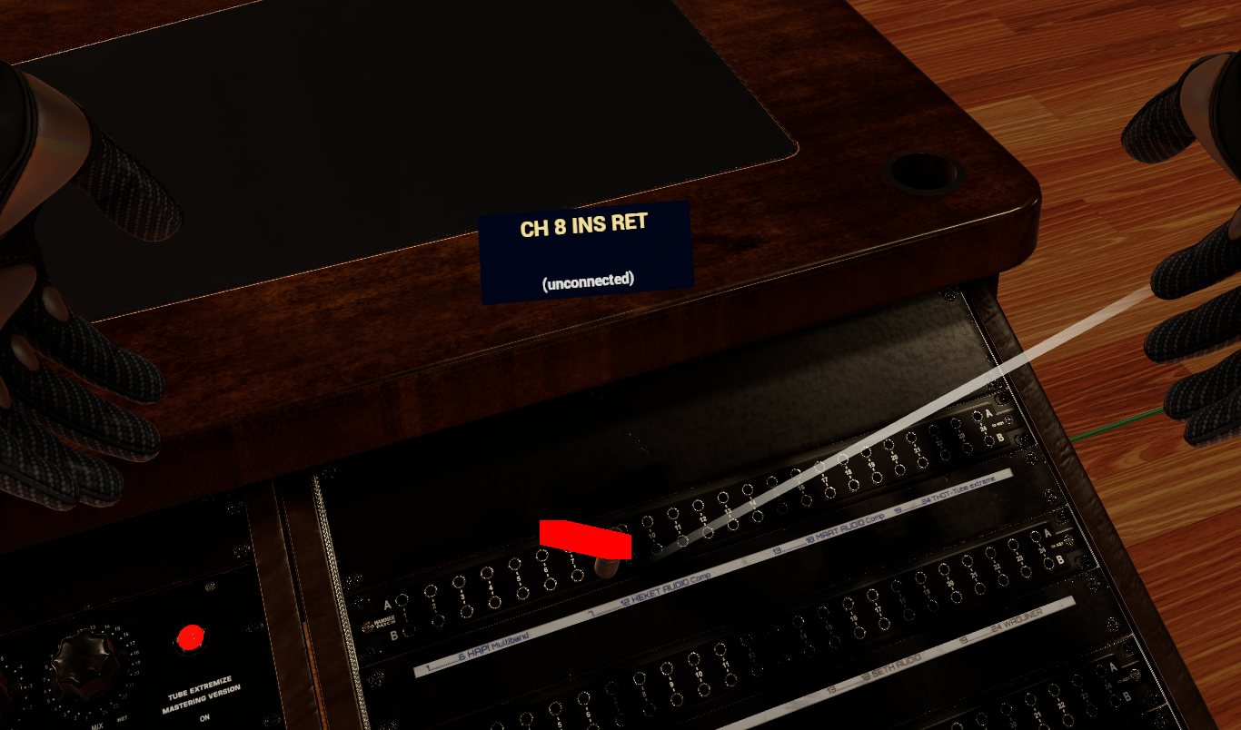 A red error indicator on a patchbay port with info card reading CH 8 INS RET unconnected — startup check result